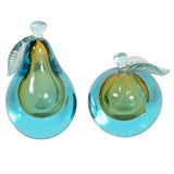 Teal, Amber and Clear Hand Blown Murano Glass Pear and Peach