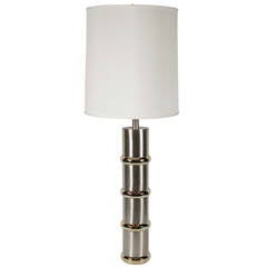 Vintage Mid-Century Modernist Brushed Aluminum Column Table Lamp with Brass Banding