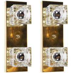 Pair of Mid-Century Modernist Two-Glass Cube Sconces in Brass by Sciolari