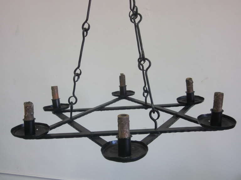 Mid-20th Century 2 Mid-Century Modern Iron 'Star of David' Chandeliers, Raymond Subes Attributed For Sale
