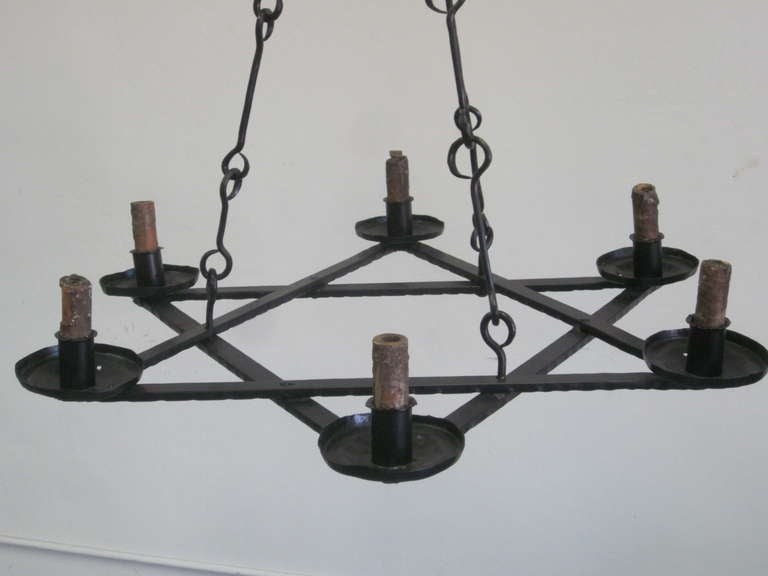 2 Mid-Century Modern Iron 'Star of David' Chandeliers, Raymond Subes Attributed In Good Condition For Sale In New York, NY