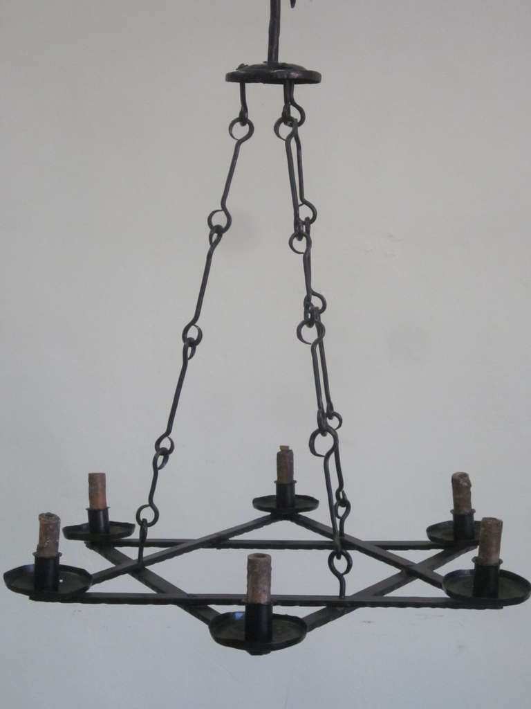 French 2 Mid-Century Modern Iron 'Star of David' Chandeliers, Raymond Subes Attributed For Sale