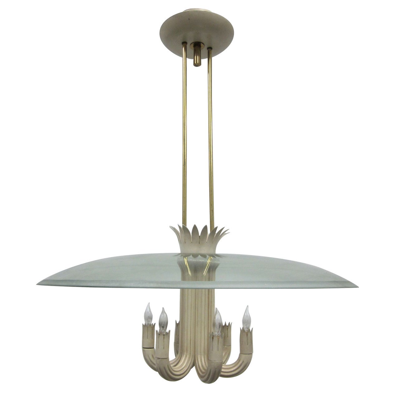 An elegant, sober Italian midcentury pendant / chandelier designed by Pietro Chiesa for Fontana Arte in the Modern Neoclassical Style (Novecento) with six fluted arms in enameled metal arranged in a circular pattern and covered with a solid glass