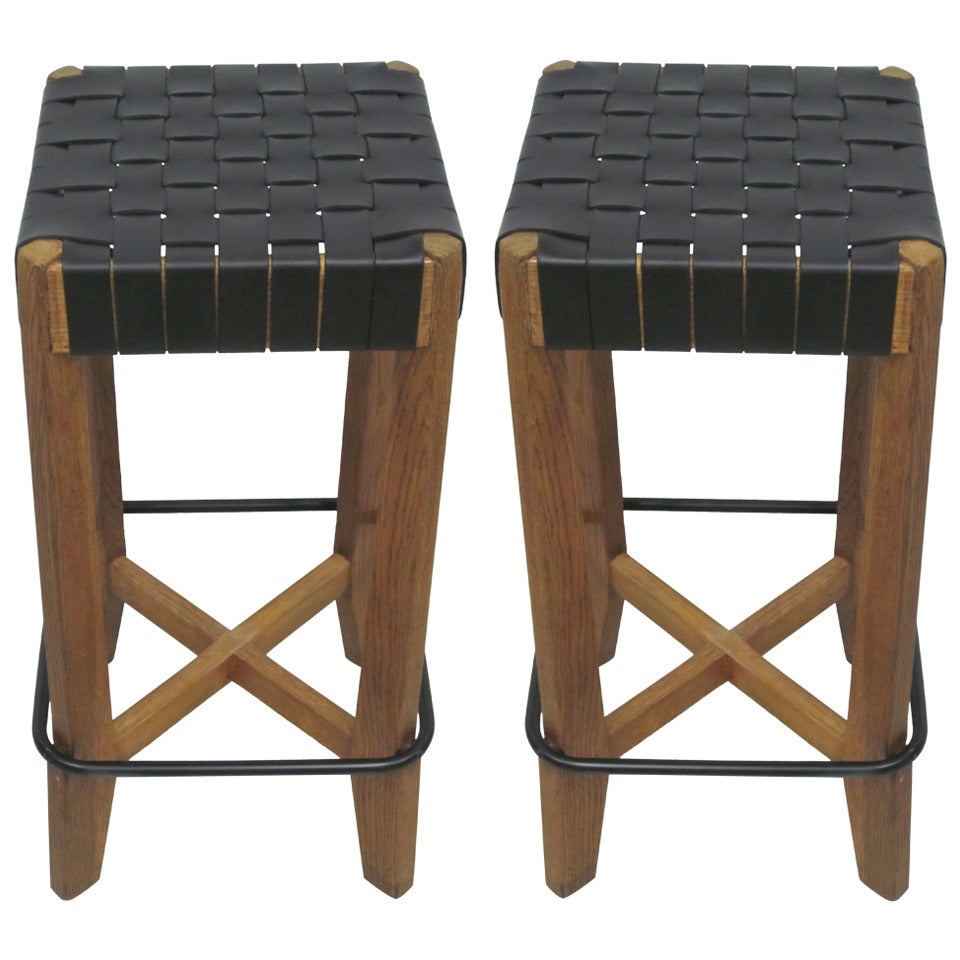 3 French 1940 Bar Stools with Leather Strap Seats