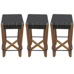 Vintage 3 French 1940 Bar Stools with Leather Strap Seats