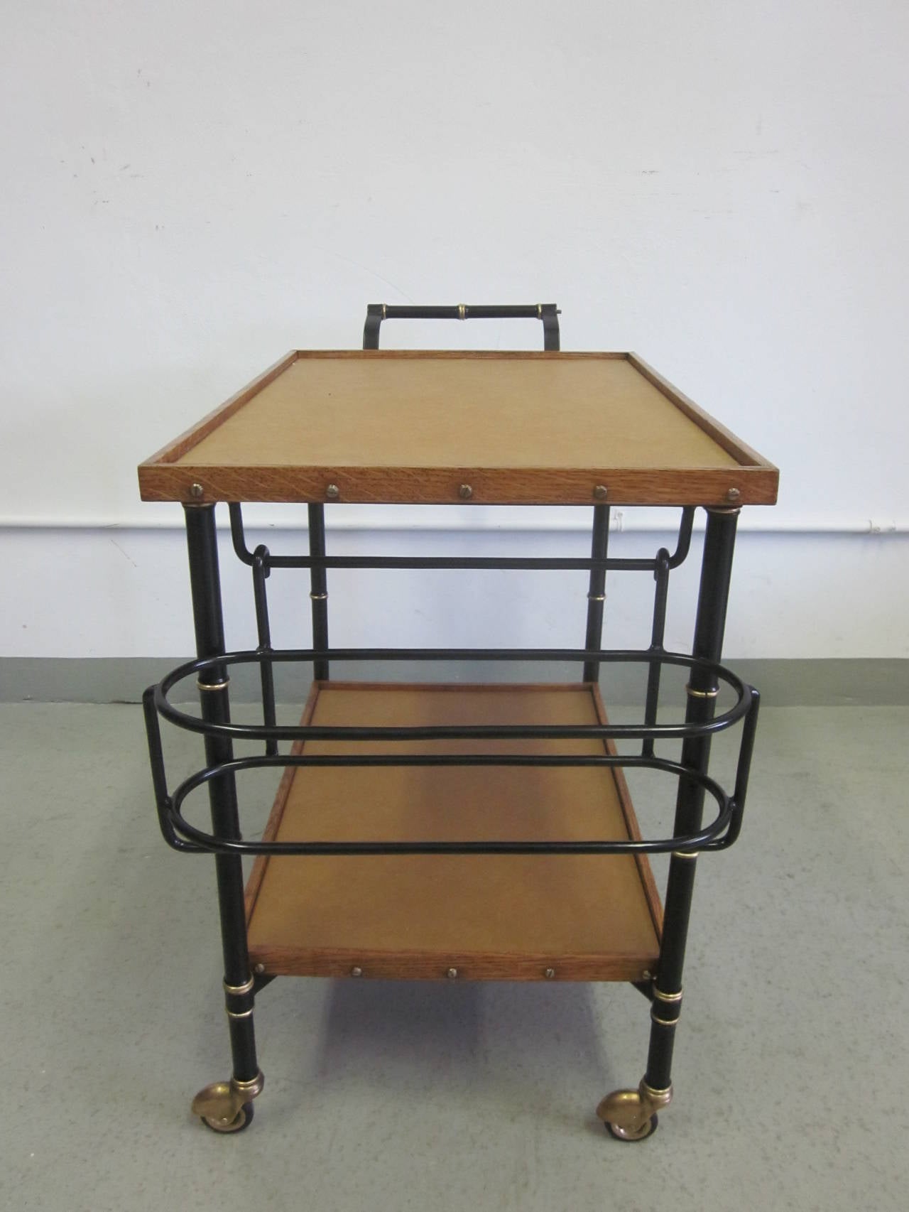 French Mid-Century Modern Leather & Steel Bar Cart/Serving Cart by Jacques Adnet 1