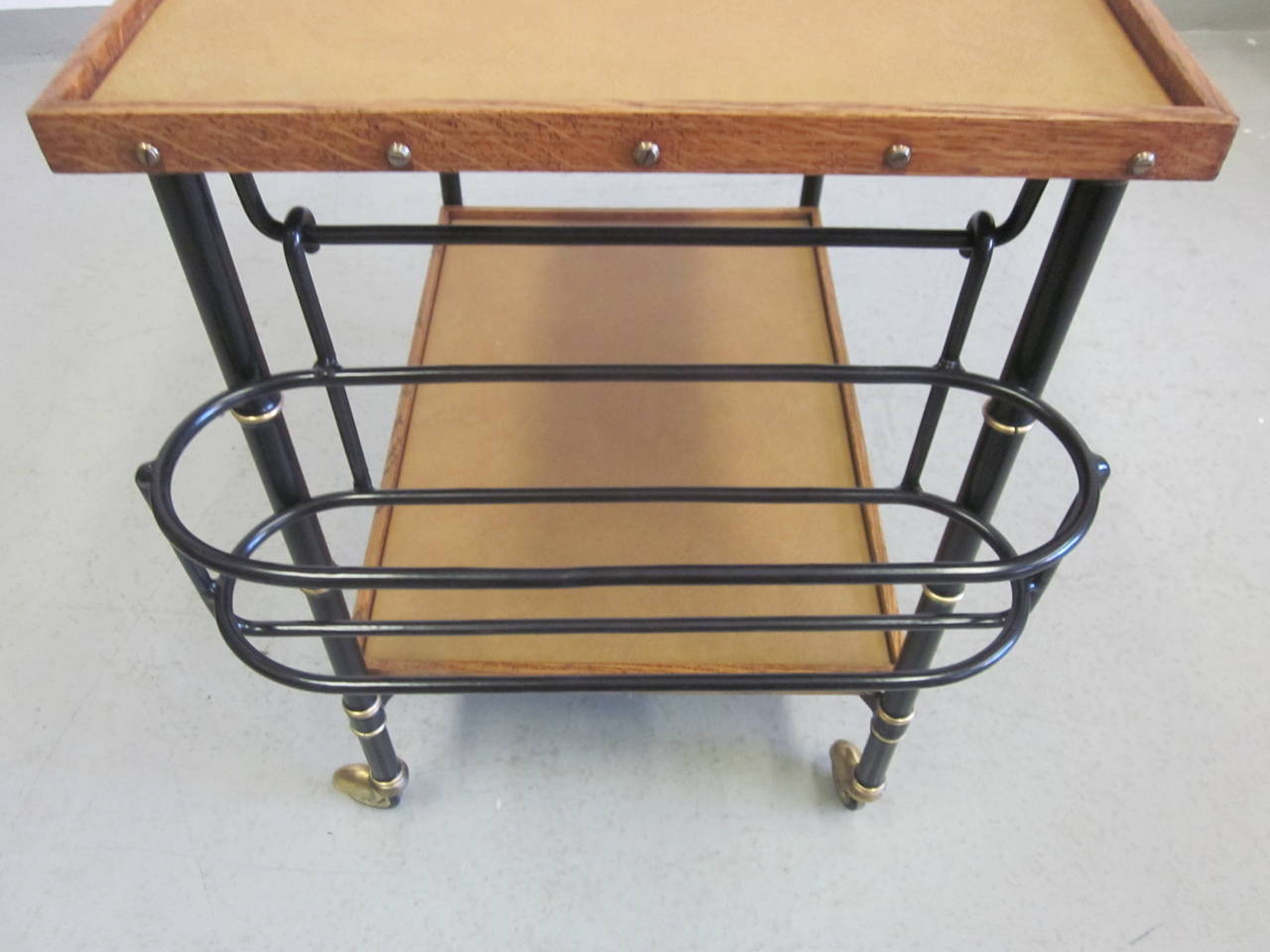 French Mid-Century Modern Leather & Steel Bar Cart/Serving Cart by Jacques Adnet 3