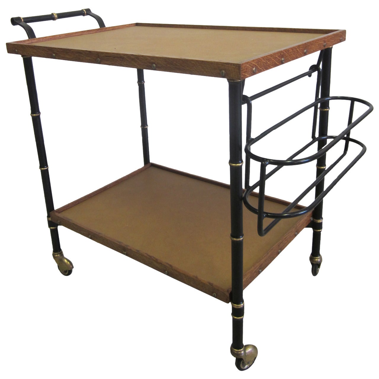 French Mid-Century Modern Leather & Steel Bar Cart/Serving Cart by Jacques Adnet