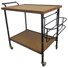 French Mid-Century Modern Leather & Steel Bar Cart/Serving Cart by Jacques Adnet