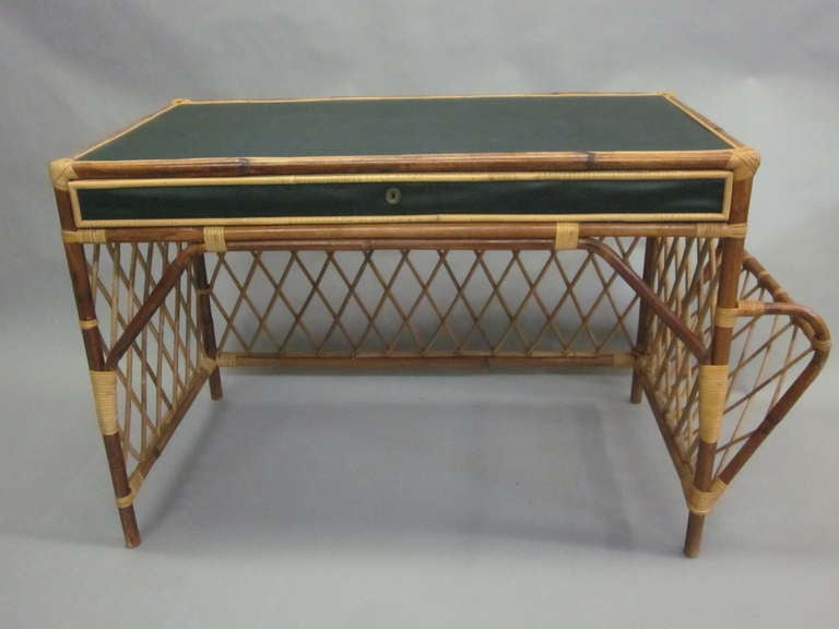 French Rattan and Skai Desk Attributed to Jean Royere In Good Condition In New York, NY