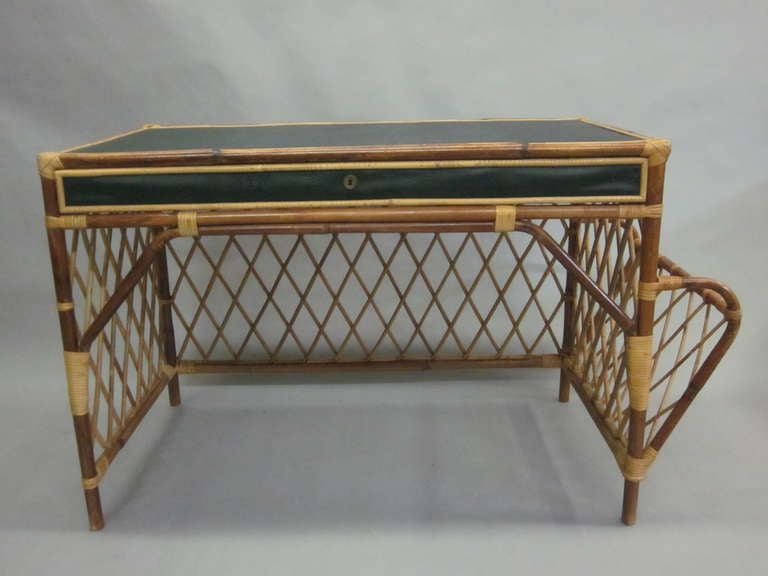 Mid-Century Modern French Rattan and Skai Desk Attributed to Jean Royere