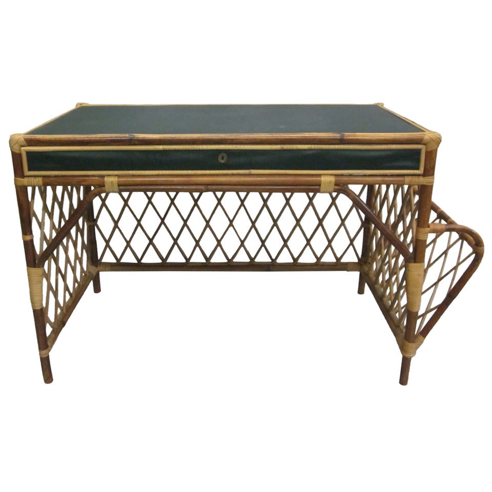 French Rattan and Skai Desk Attributed to Jean Royere