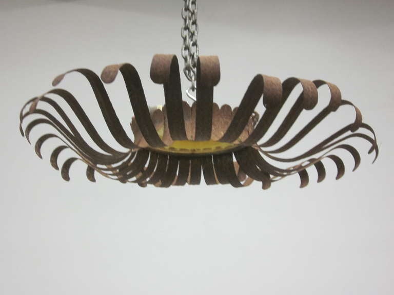 Italian Midcentury Wrought Iron and Blown Glass Sunburst Flush Mount / Pendant In Good Condition For Sale In New York, NY
