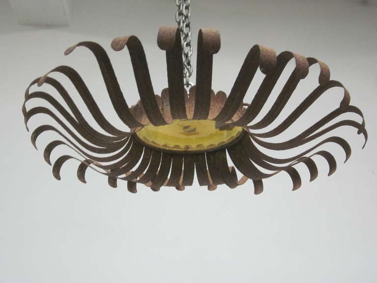 Rustic Italian Midcentury Wrought Iron and Blown Glass Sunburst Flush Mount / Pendant For Sale