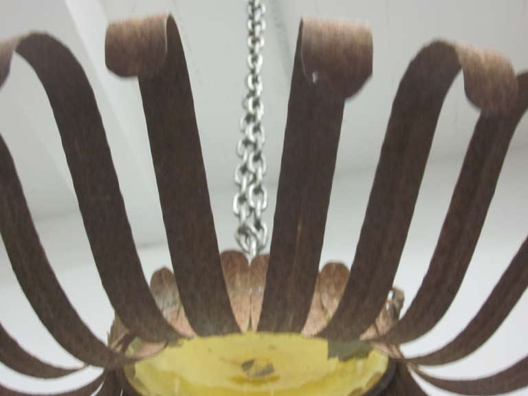 Italian Midcentury Wrought Iron and Blown Glass Sunburst Flush Mount / Pendant For Sale 3