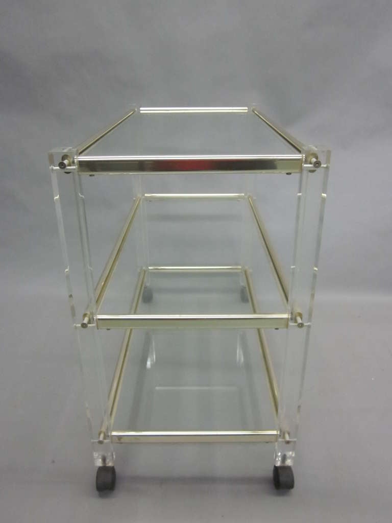French Mid-Century Modern 3 Tier Lucite & Nickel Bar or Dessert Cart In Good Condition For Sale In New York, NY