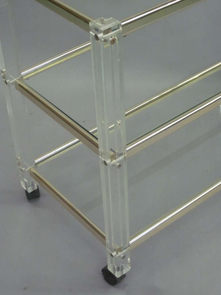20th Century French Mid-Century Modern 3 Tier Lucite & Nickel Bar or Dessert Cart For Sale