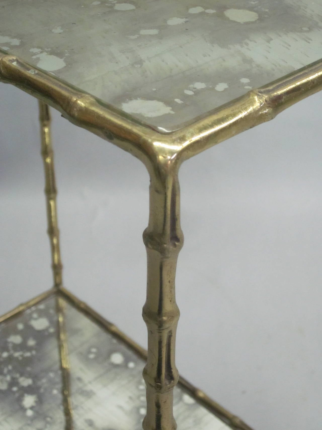 Pair French Mid-Century Brass Faux Bamboo & Mirrored Side Tables, Maison Baguès 4