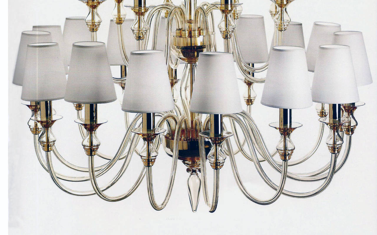 Elegant Modern Neoclassical Chandelier in Amber Venetian Glass with sixteen lower arms and eight upper arms.

The body of the chandelier alone is H 31.5
