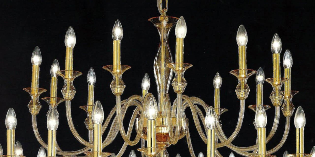 Large, 36-Arm, Clear Amber Murano /Venetian Glass Modern Neoclassical Chandelier In Excellent Condition For Sale In New York, NY