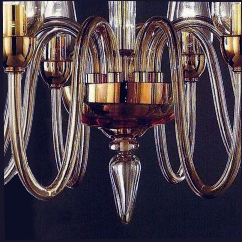 Mid-Century Modern Two Italian Modern Neoclassical Amber Murano Glass Chandeliers with Glass Shades For Sale