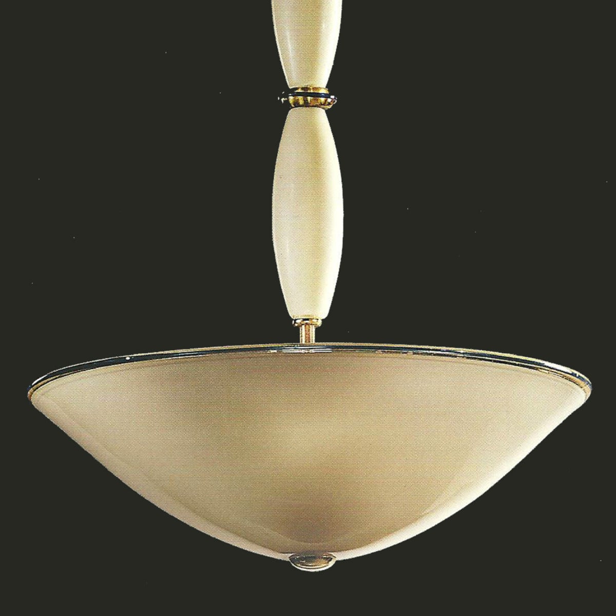 Elegant Italian midcentury style Venetian glass pendant or chandelier in opaline ivory color glass with a transparent ivory disc reflector with blue trim.

Three-light at 100 watts each. UL wired and approved.

Priced and sold individually.