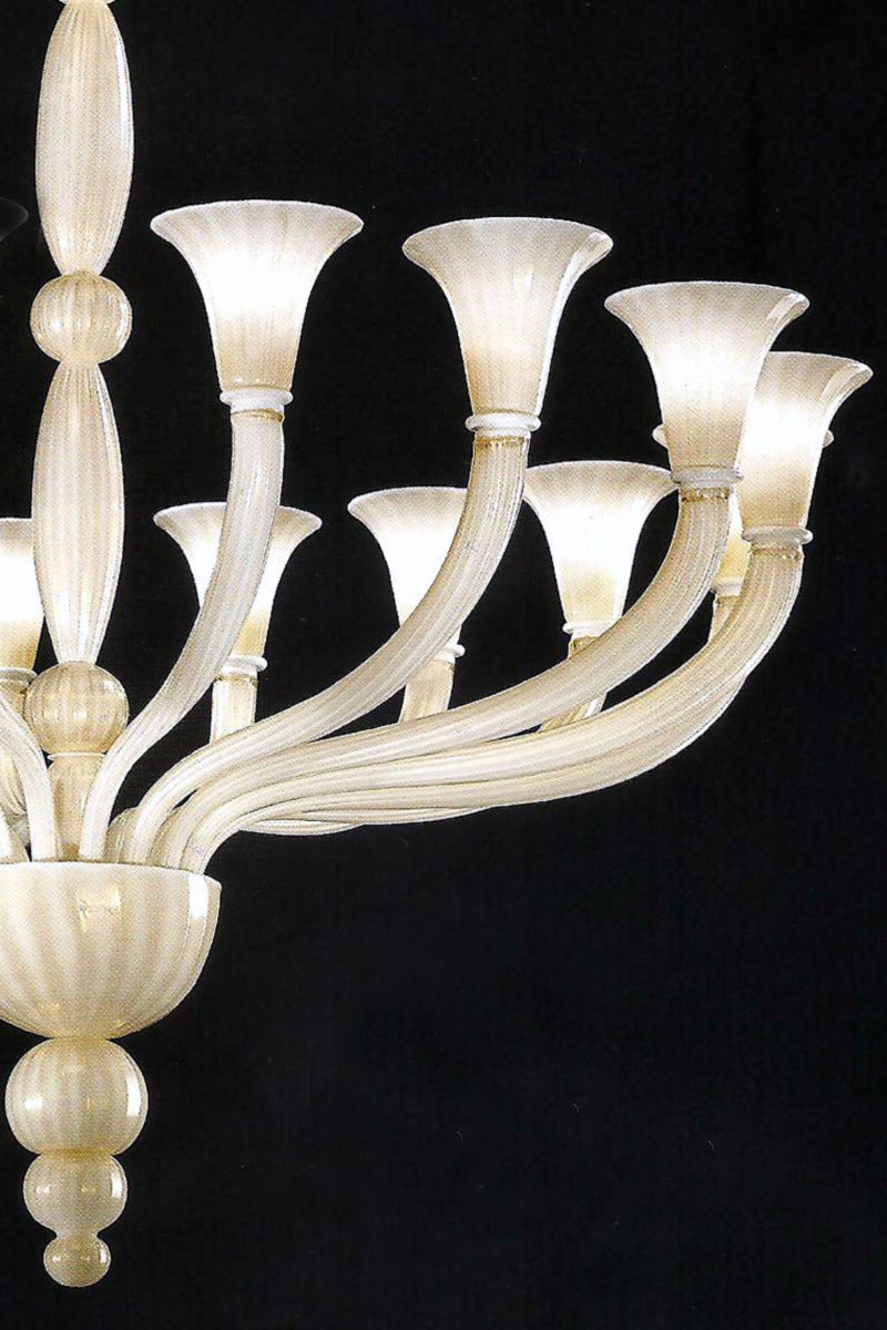 Italian Large Modern Neoclassical Murano / Venetian 16-Arm White & Gold Glass Chandelier For Sale