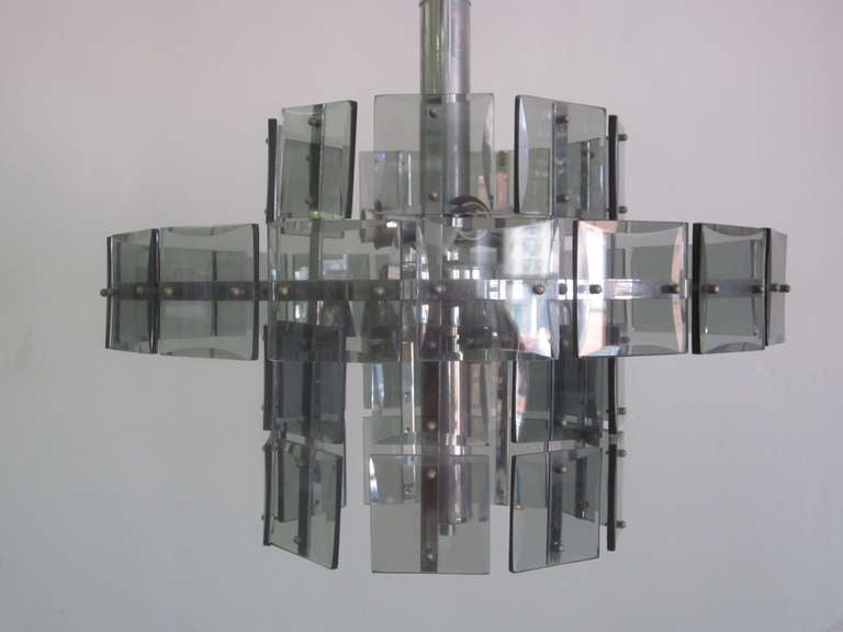 Late 20th Century Italian Midcentury Smoked Glass Chandelier, Max Ingrand, Fontana Arte Style For Sale