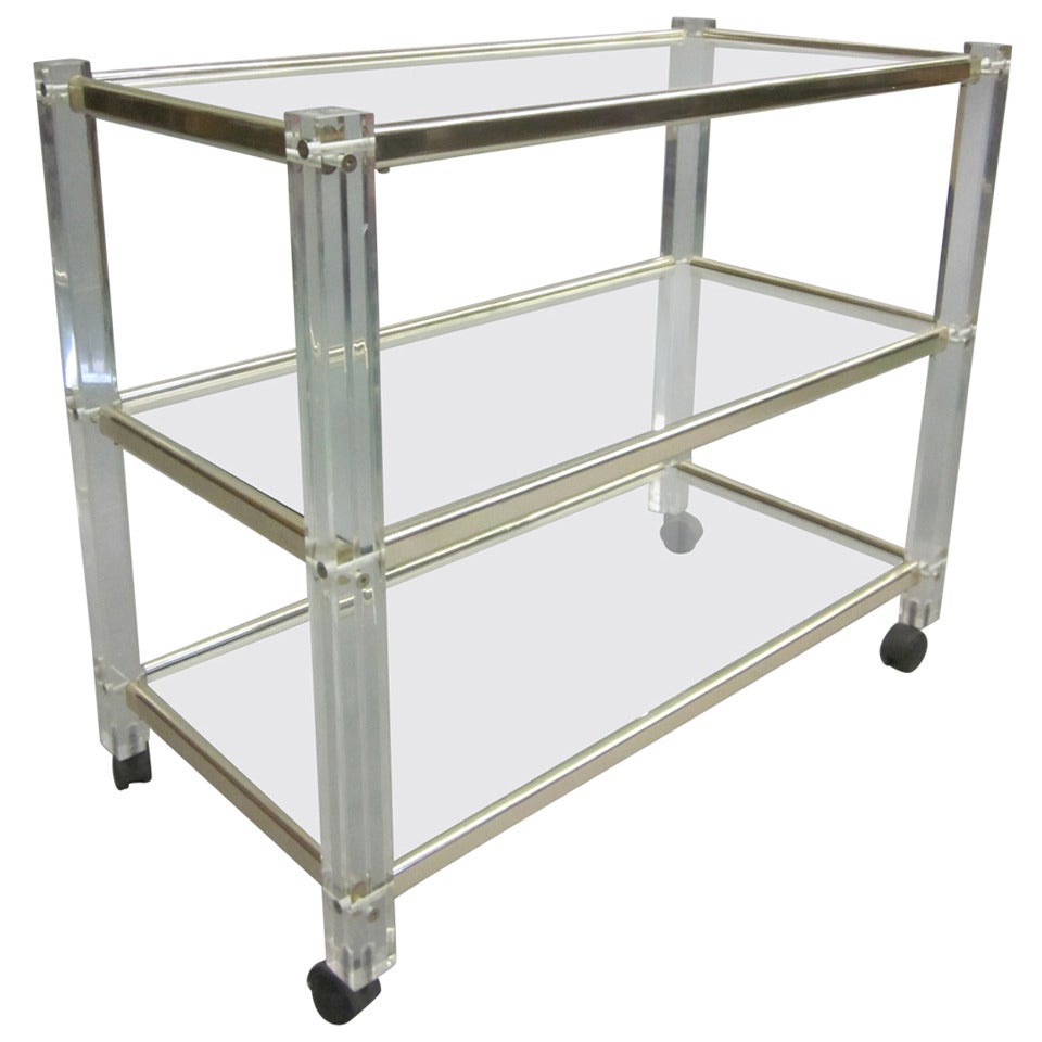 Carrito de Bar o Postre Francés Moderno de Mitad de Siglo de 3 niveles de Lucite y Níquel