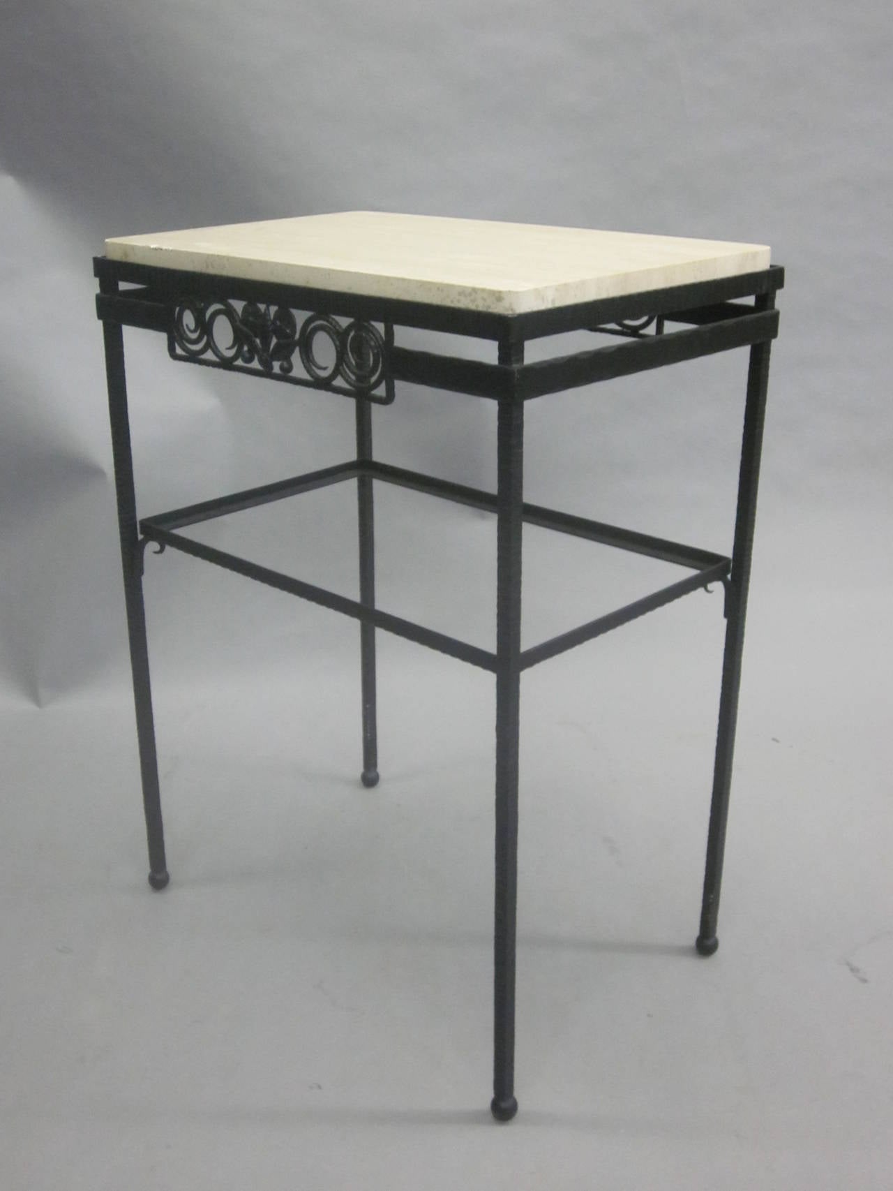 Mid-Century Modern French Wrought Iron and Stone Console or Nightstand, Edgar Brandt For Sale