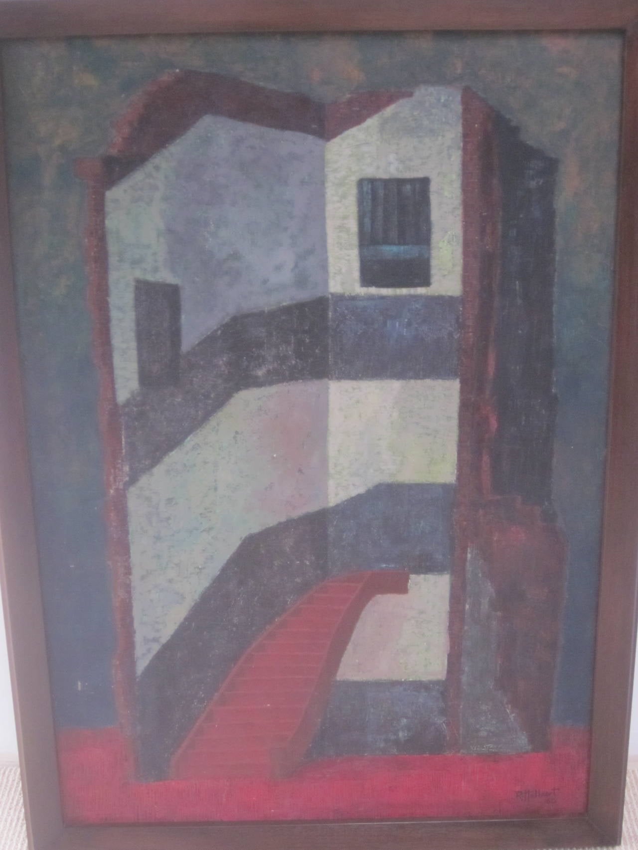 Peinture à l'huile signée R. Hullaert.

Peint d'un point de vue architectural avec un escalier menant à l'intérieur, le tableau fait référence à un thème surréaliste / métaphysique d'accès à l'inconscient et à l'état de rêve.

Références : Art