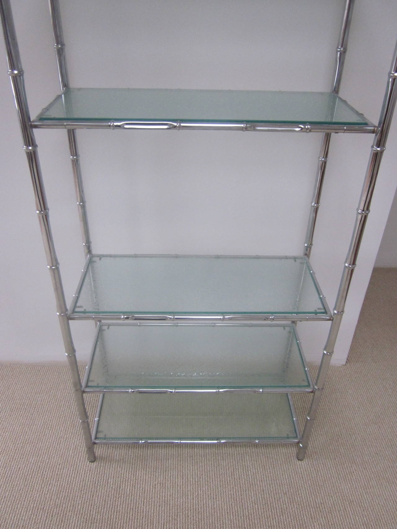 French Modern Neoclassical Nickel Faux Bamboo & Glass Storage Shelves by Baguès For Sale 1
