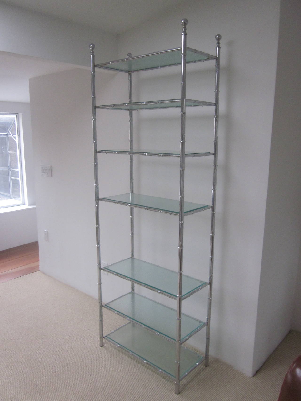 Mid-Century Modern French Modern Neoclassical Nickel Faux Bamboo & Glass Storage Shelves by Baguès For Sale