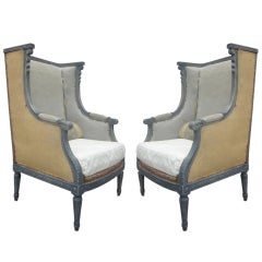 Pair of French Shabby Chic, Louis XVI Wingback Lounge Chairs Attr. Maison Jansen 11