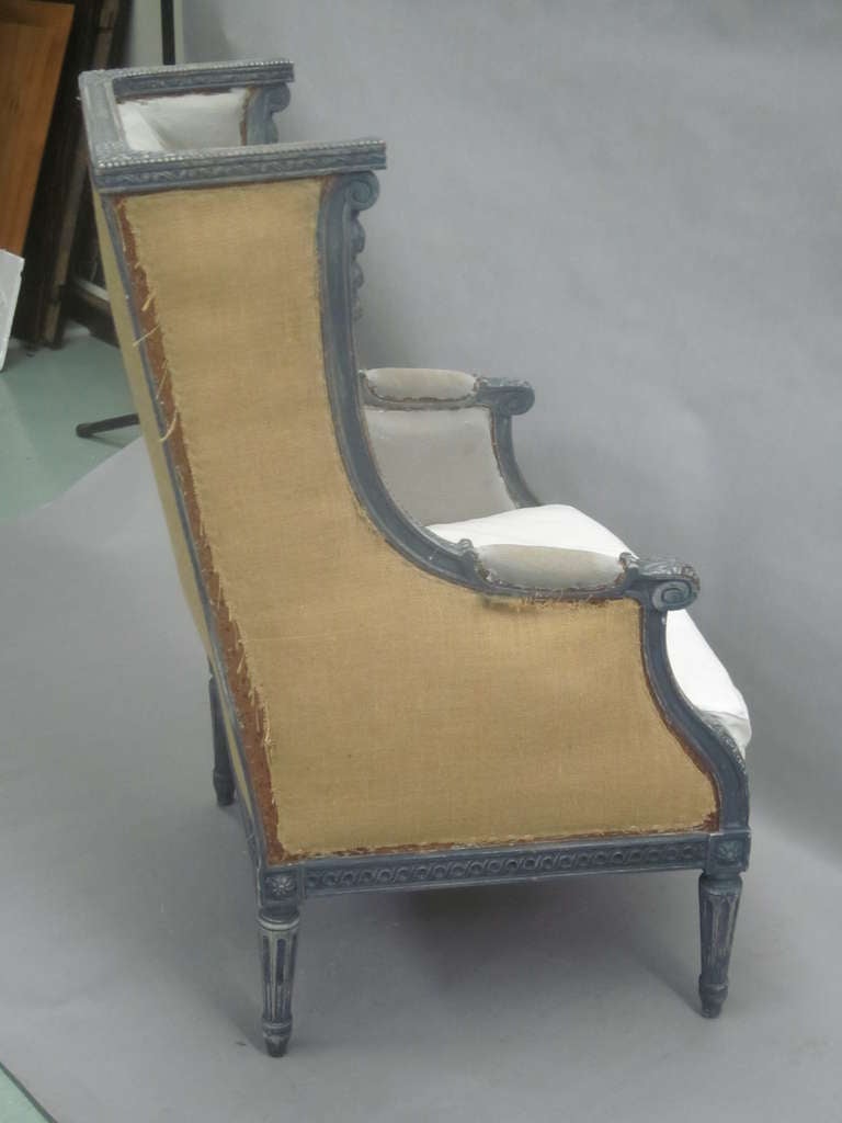 Pair French Shabby Chic, Louis XVI Wingback Lounge Chairs Attr. Maison Jansen In Good Condition For Sale In New York, NY