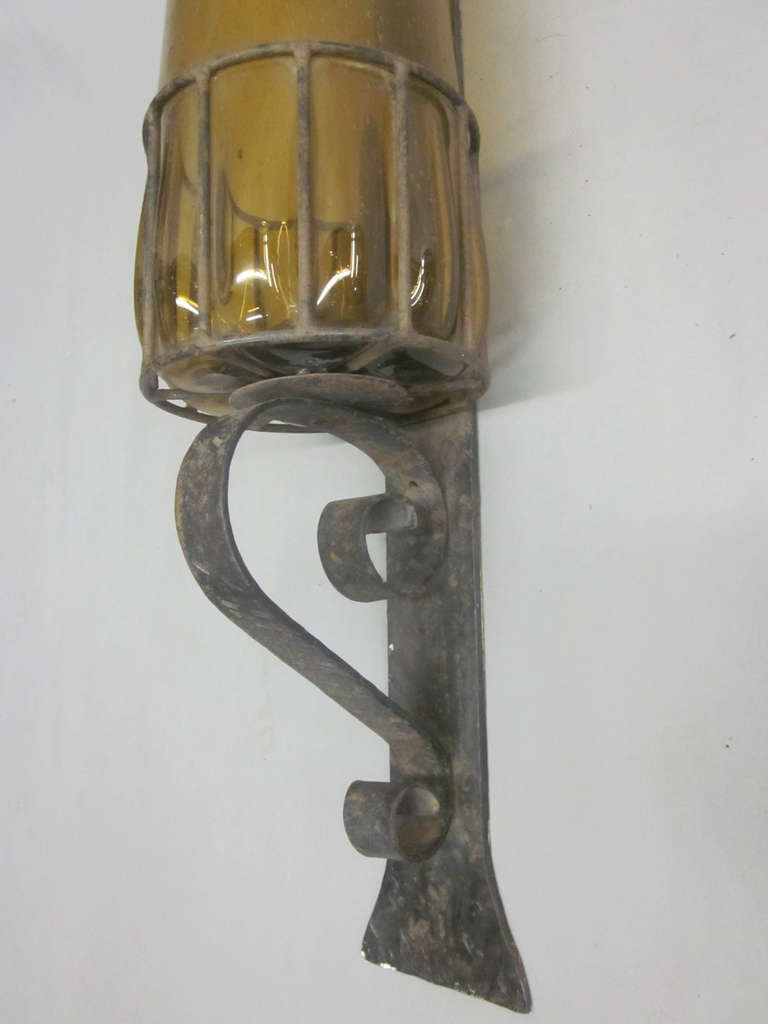 Blown Glass Pair Large Mid-Century Modern Hand Blown Amber Glass & Wrought Iron Wall Sconces For Sale