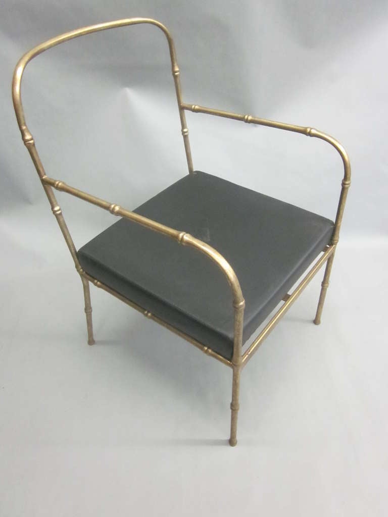 Gilt Pair of French Mid-Century Modern Faux Bamboo Armchairs, Style Jacques Adnet For Sale