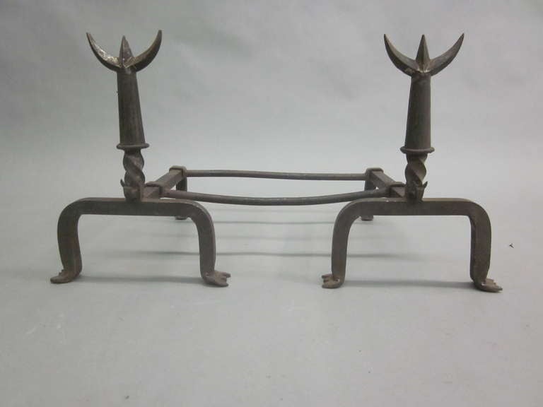 Art Deco Pair French Mid-Century Wrought Iron Andirons & Fire Tool, Spirit of Giacometti