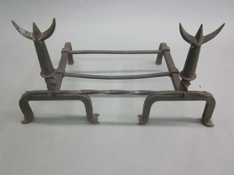 Pair French Mid-Century Wrought Iron Andirons & Fire Tool, Spirit of Giacometti In Good Condition In New York, NY