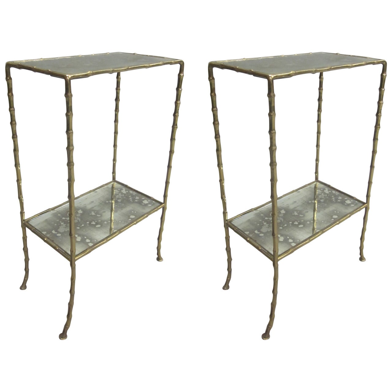 Pair French Mid-Century Brass Faux Bamboo & Mirrored Side Tables, Maison Baguès