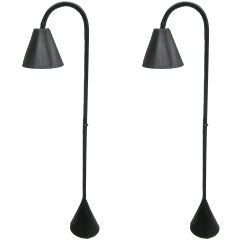 2 Hand-Stitched Black Leather Floor Lamps by Jacques Adnet