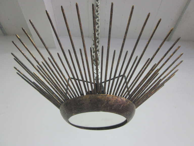 20th Century French Modern Neoclassical Gilt Iron Sunburst Chandelier / Pendant