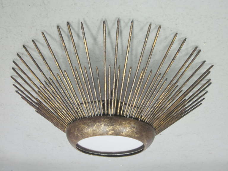 French Modern Neoclassical Gilt Iron Sunburst Chandelier / Pendant In Good Condition In New York, NY