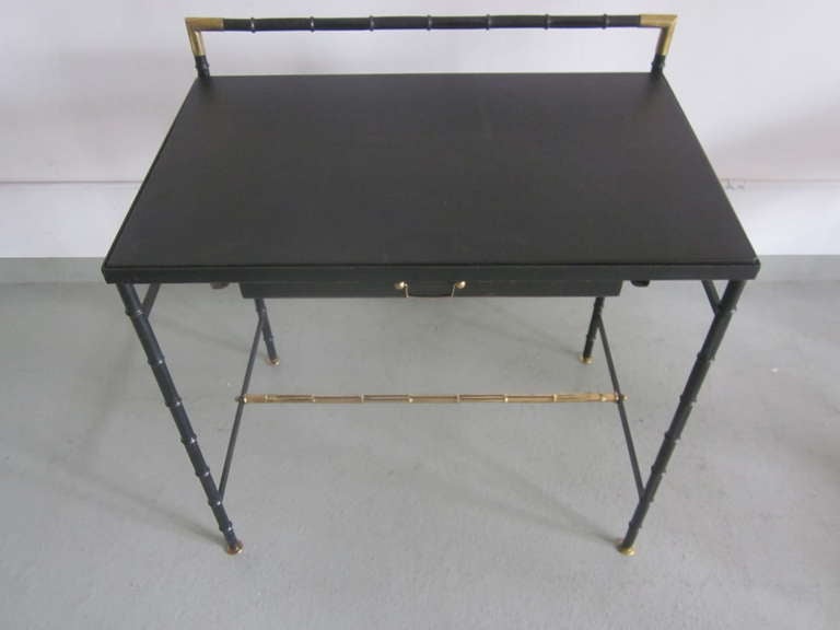 Mid-20th Century French Leather and Faux Bamboo Desk and Chair by Jacques Adnet