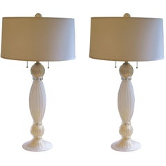 Pair of Italian White and Gold Murano Glass Table Lamps