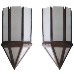Pair of Large French Art Deco Bronze and Frosted Glass Sconces, Jean Perzel 1930