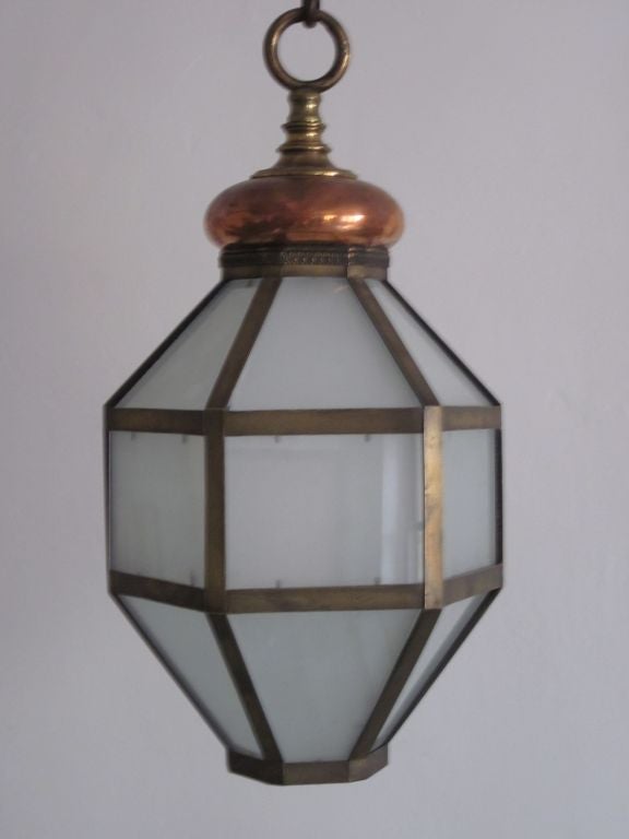 Large Brass and Satinized Glass Pendant / Lantern
