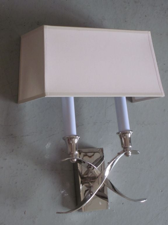 Mid-Century Modern Pair of French Modern Neoclassical Style Nickel Sconces in Style of Jules Leleu For Sale
