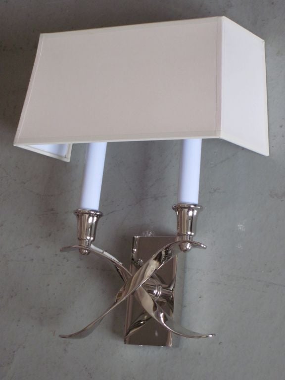 Polished Pair of French Modern Neoclassical Style Nickel Sconces in Style of Jules Leleu For Sale