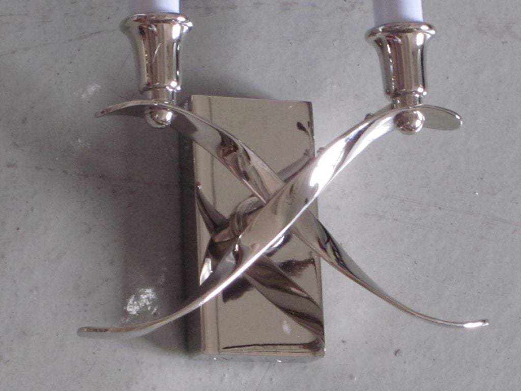Pair of French Modern Neoclassical Style Nickel Sconces in Style of Jules Leleu In Excellent Condition For Sale In New York, NY